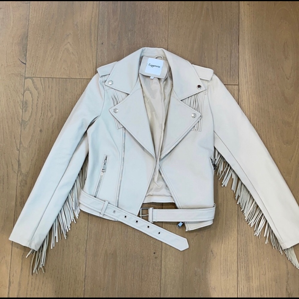 Fringe Faux Leather Jacket in Cream